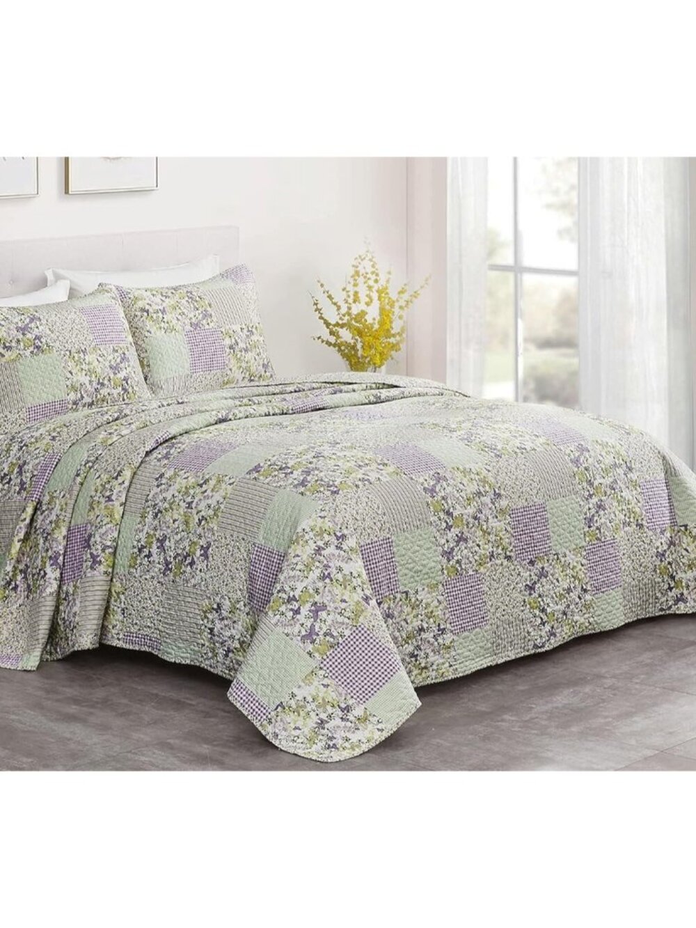 Daisy 3-Piece Printed Patchwork Quilt Set - Purple Butterfly Botanical Candy Str